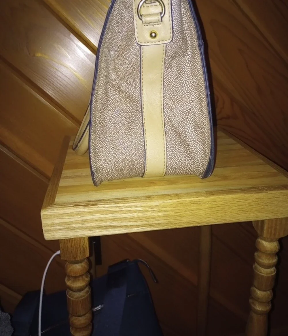 London Fog Cream and Tan Women’s Handbag with Gold Accents